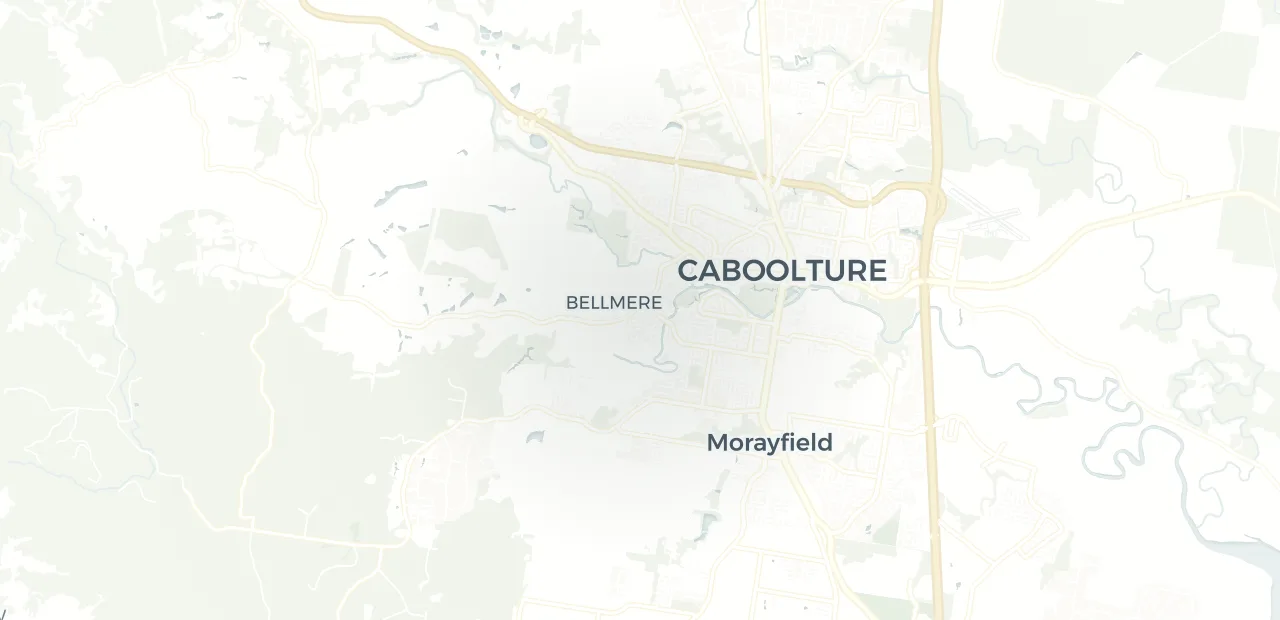 Locality map showing where Bellmere sits, 43km north of Brisbane CBD.