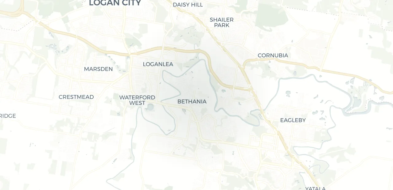Locality map showing where Bethania sits, 28km south east of Brisbane CBD.