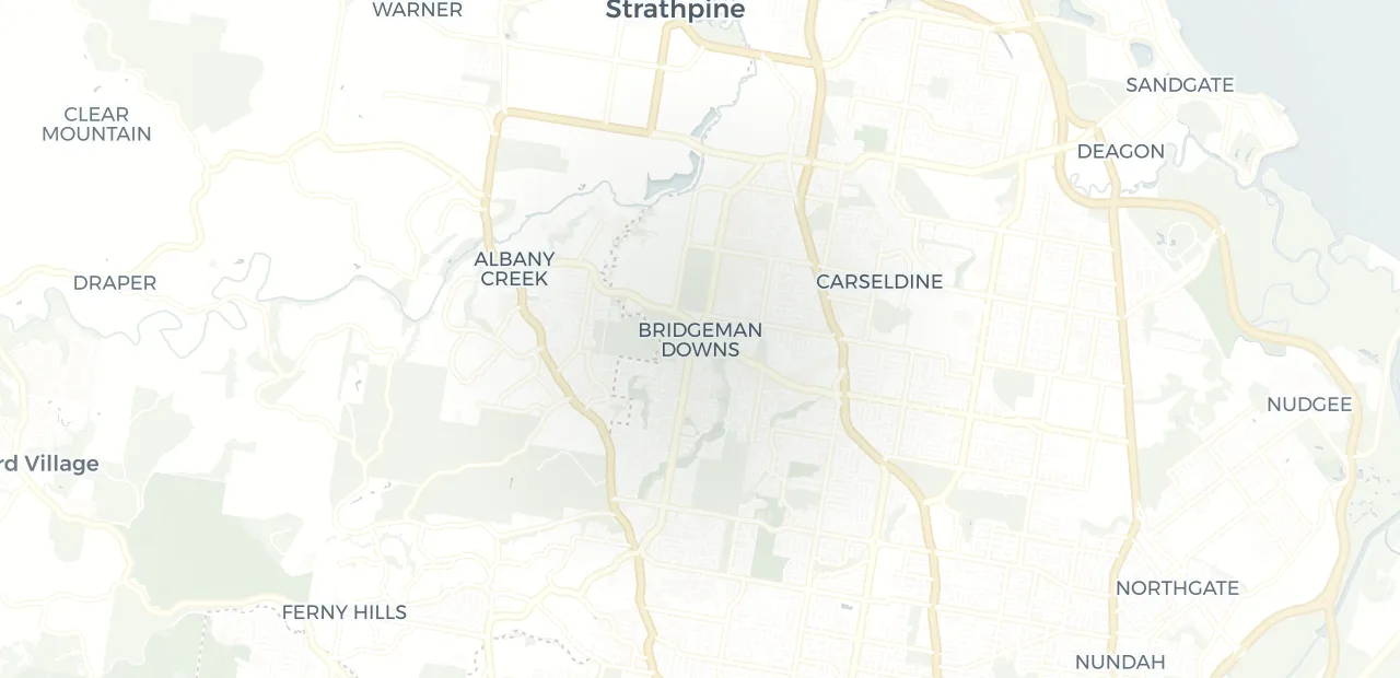 Locality map showing where Bridgeman Downs sits, 13km north of Brisbane CBD.