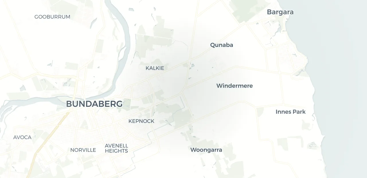 Locality map showing where Burnett Heads sits, 6km east of Bundaberg CBD.