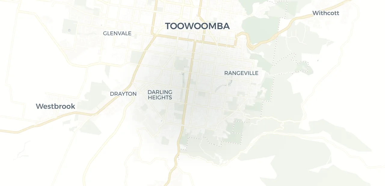 Locality map showing where Kearneys Spring sits, 4km south of Toowoomba CBD.
