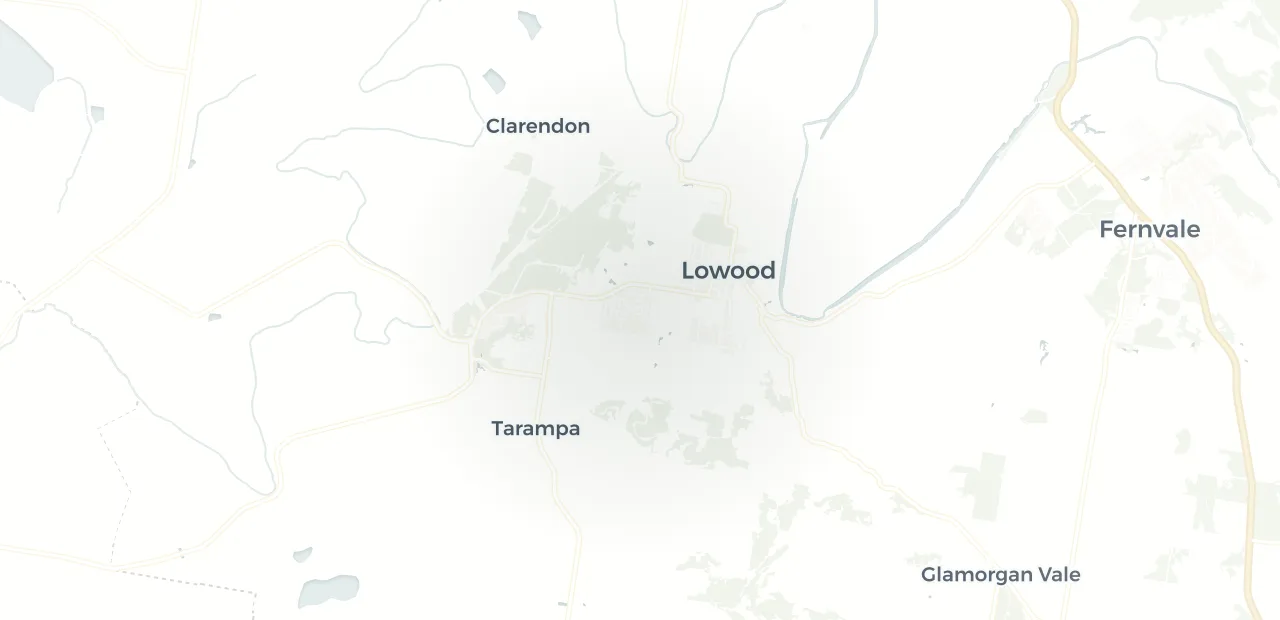 Locality map showing where Lowood sits, 25km north west of Ipswich CBD.