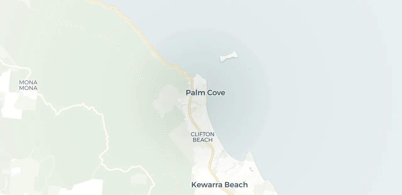 Locality map showing where Palm Cove sits, 22km north west of Cairns CBD.