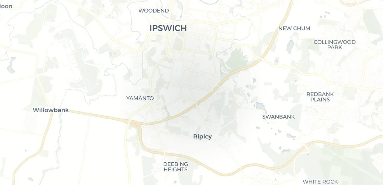 Locality map showing where Ripley sits, 4km south of Ipswich CBD.