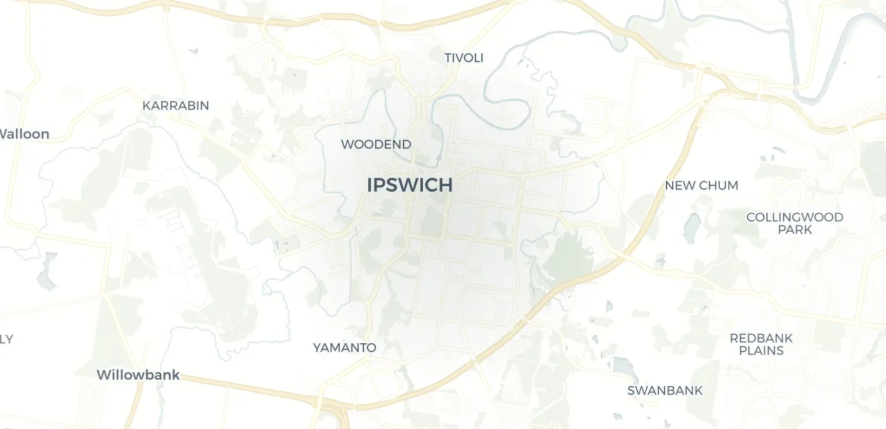 Locality map showing where Rosewood sits, 1km from Ipswich CBD.