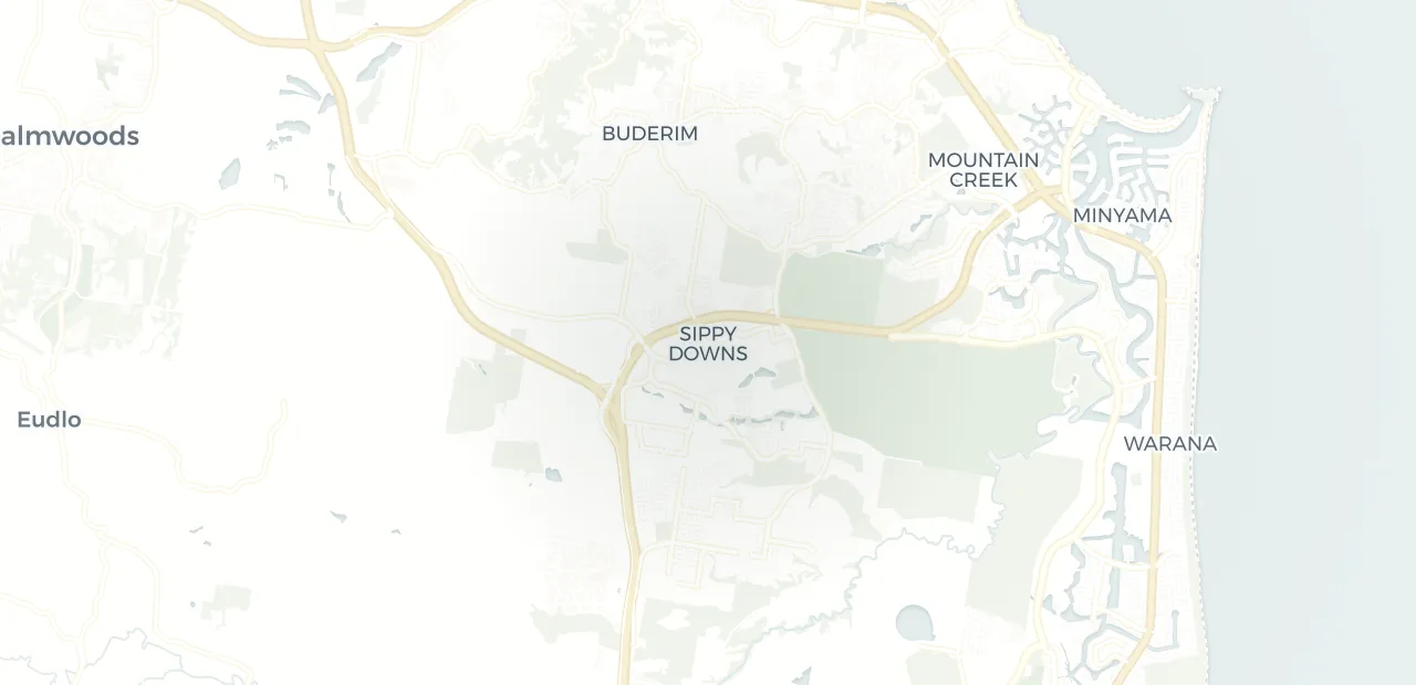 Locality map showing where Sippy Downs sits, 7km south west of Maroochydore.