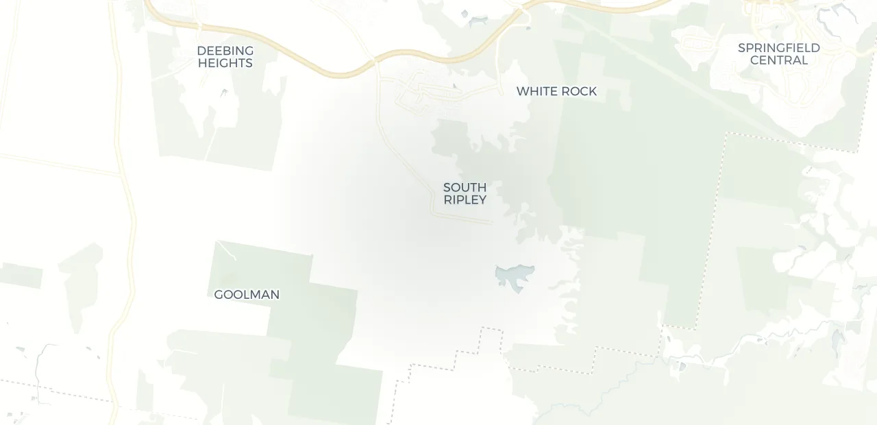Locality map showing where South Ripley sits, 13km south east of Ipswich CBD.
