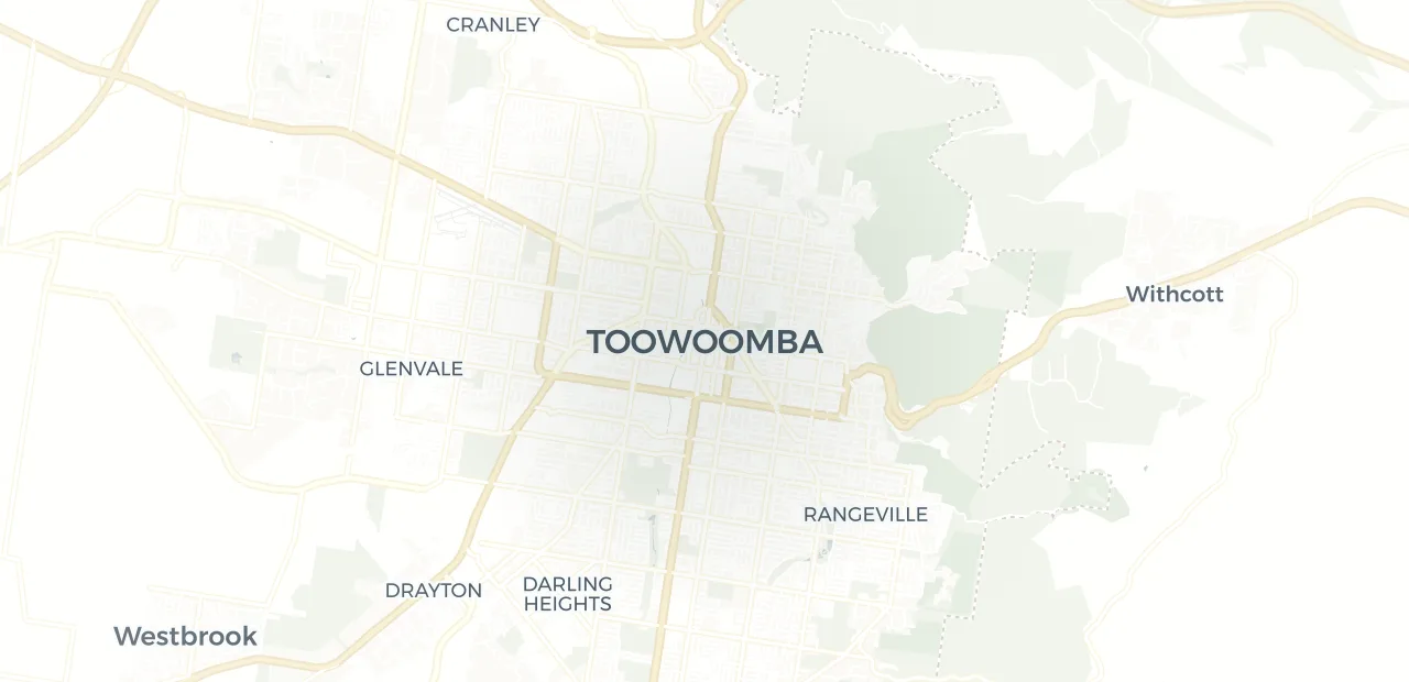 Locality map showing where Toowoomba sits, 0km from Toowoomba CBD.