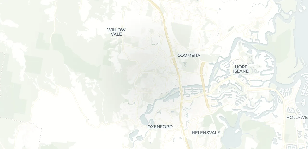 Locality map showing where Upper Coomera sits, 15km north west of Southport.