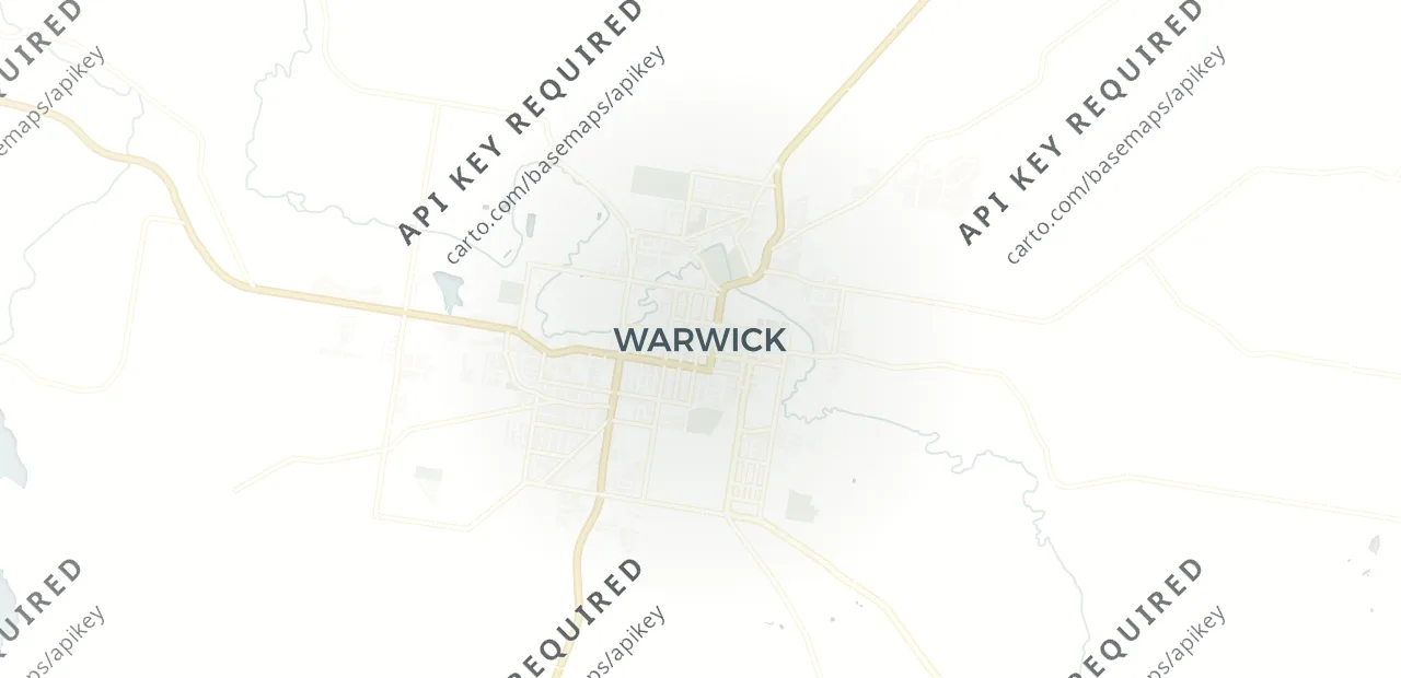 Locality map showing where Warwick sits, 73km south of Toowoomba CBD.
