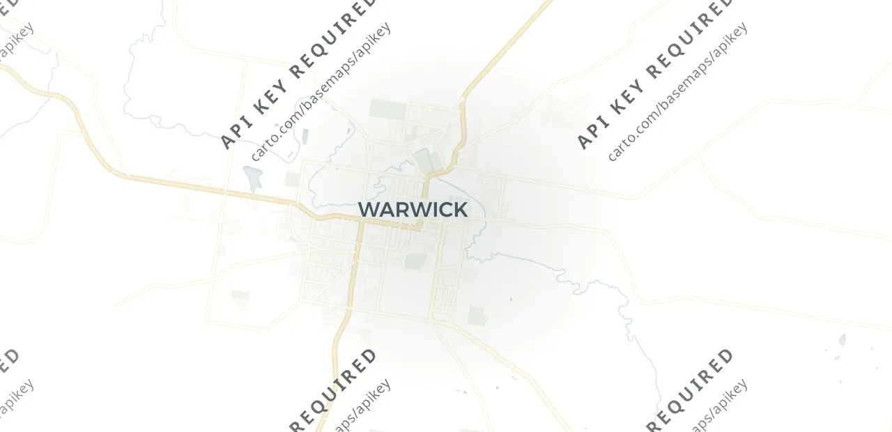 Locality map showing where Warwick sits, 74km south of Toowoomba CBD.