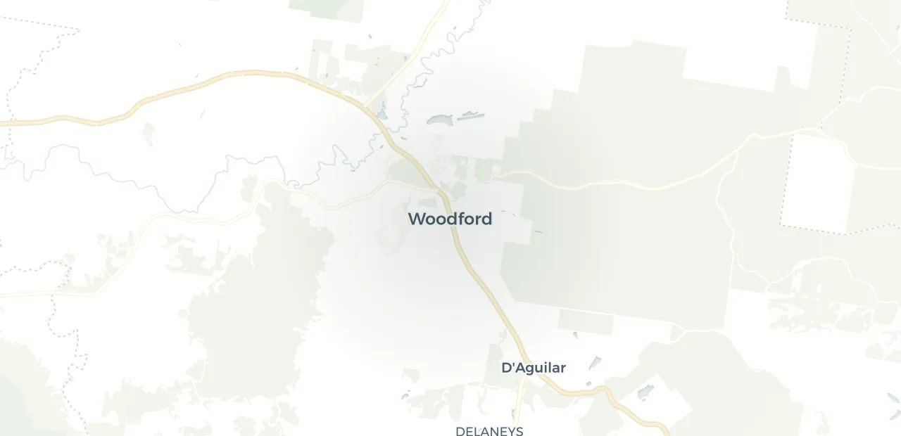 Locality map showing where Woodford sits, 46km south west of Maroochydore.