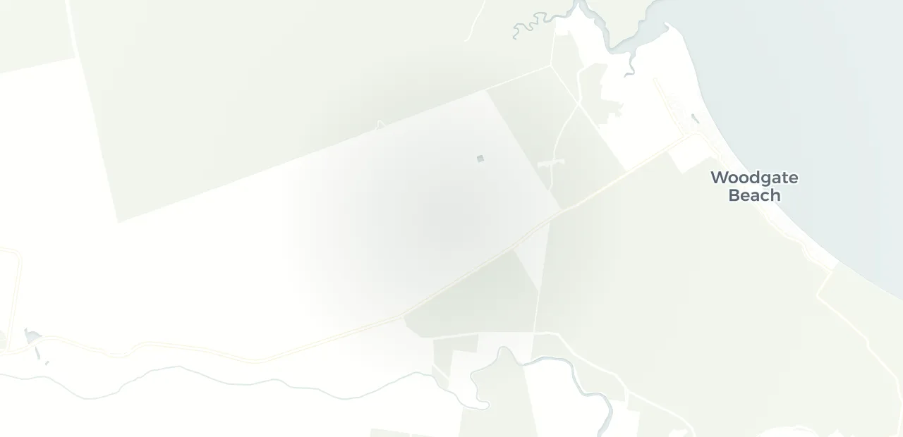 Locality map showing where Woodgate sits, 31km south east of Bundaberg CBD.
